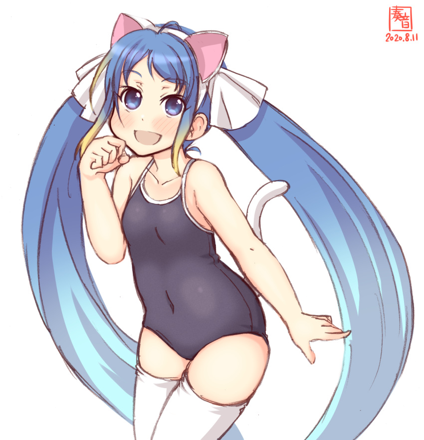 1girl alternate_hairstyle animal_ears artist_logo bangs black_swimsuit blue_eyes blue_hair cat_ears cat_tail collarbone commentary_request competition_school_swimsuit covered_navel dated flat_chest gradient_hair highres kanon_(kurogane_knights) kantai_collection leaning_forward long_hair looking_at_viewer multicolored_hair paw_pose samidare_(kantai_collection) school_swimsuit simple_background smile solo swept_bangs swimsuit tail thigh-highs twintails very_long_hair white_background white_legwear