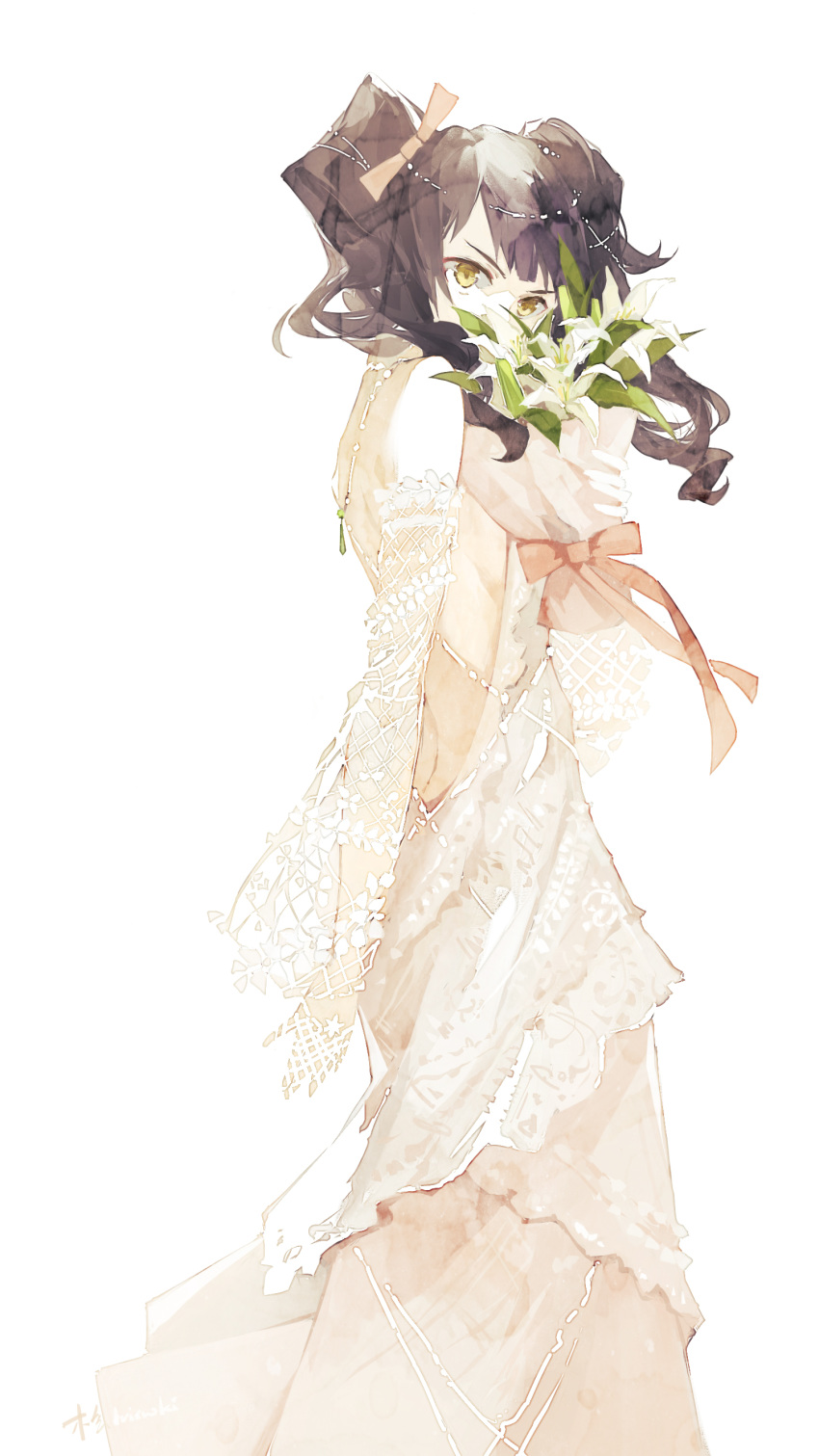 1girl absurdres backless_dress backless_outfit bouquet bridal_gauntlets brown_hair covering_mouth dress flower girls_frontline hair_ribbon hei_chuan_gui highres holding holding_bouquet lace long_hair looking_at_viewer ribbon sangvis_ferri scarecrow_(girls_frontline) solo twintails wedding_dress white_background white_dress yellow_eyes