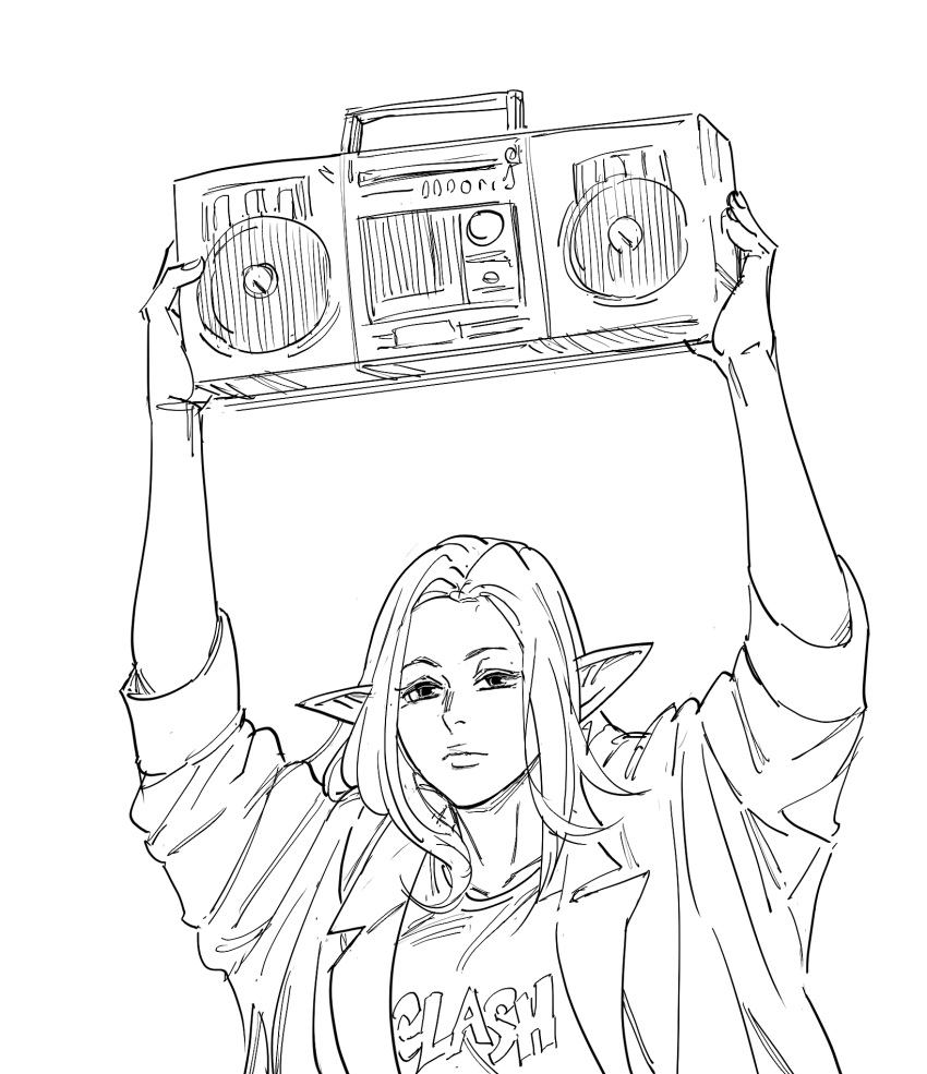 1girl bb_(baalbuddy) boombox clothes_writing elf greyscale highres long_hair monochrome original pointy_ears shirt solo staring t-shirt trench_coat
