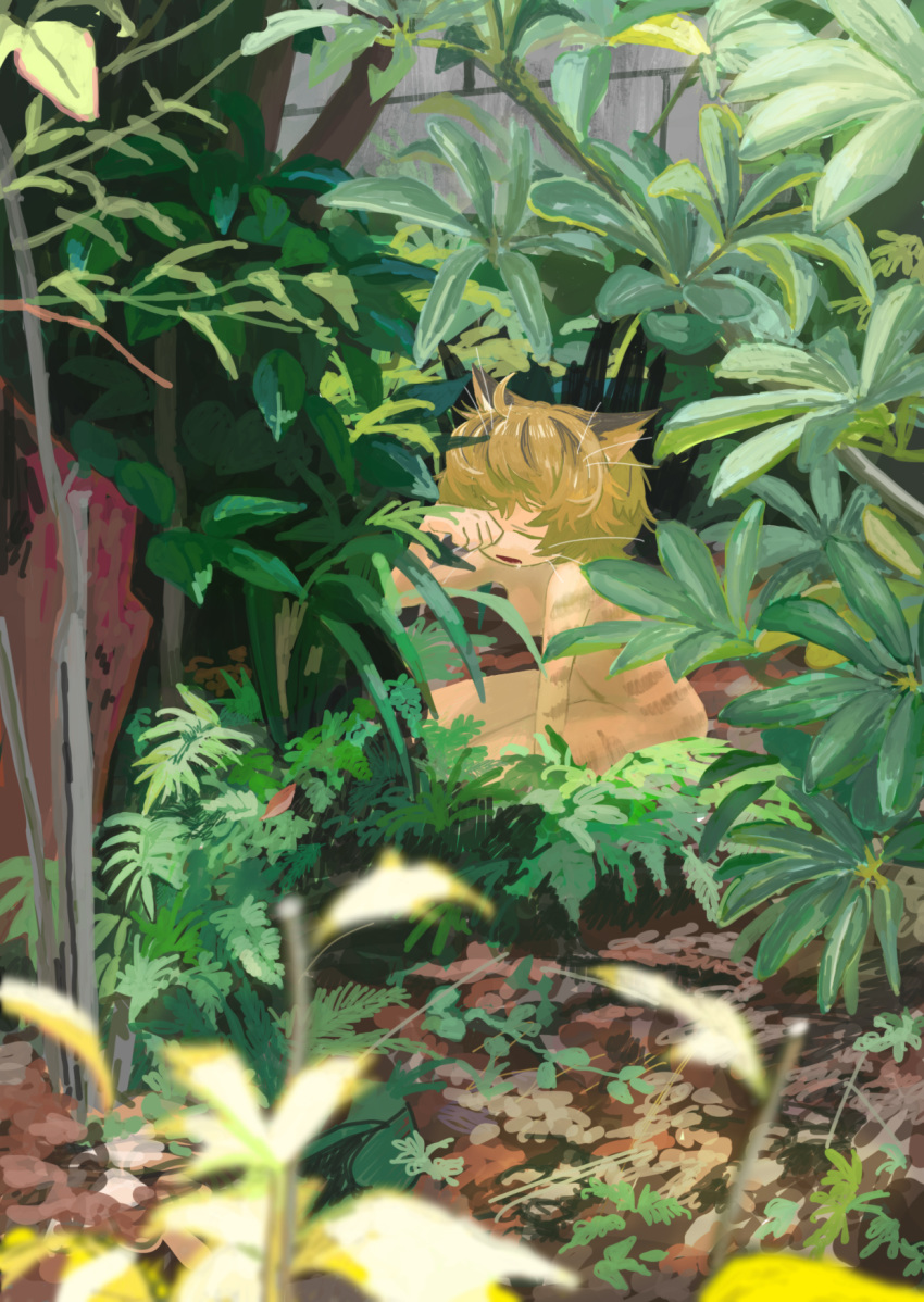 1girl animal_ears blurry brick_wall cat_ears cat_girl closed_eyes commentary_request depth_of_field fern furry highres leaf nude open_mouth original outdoors paw_pose scenery solo sunlight turquoise_iro