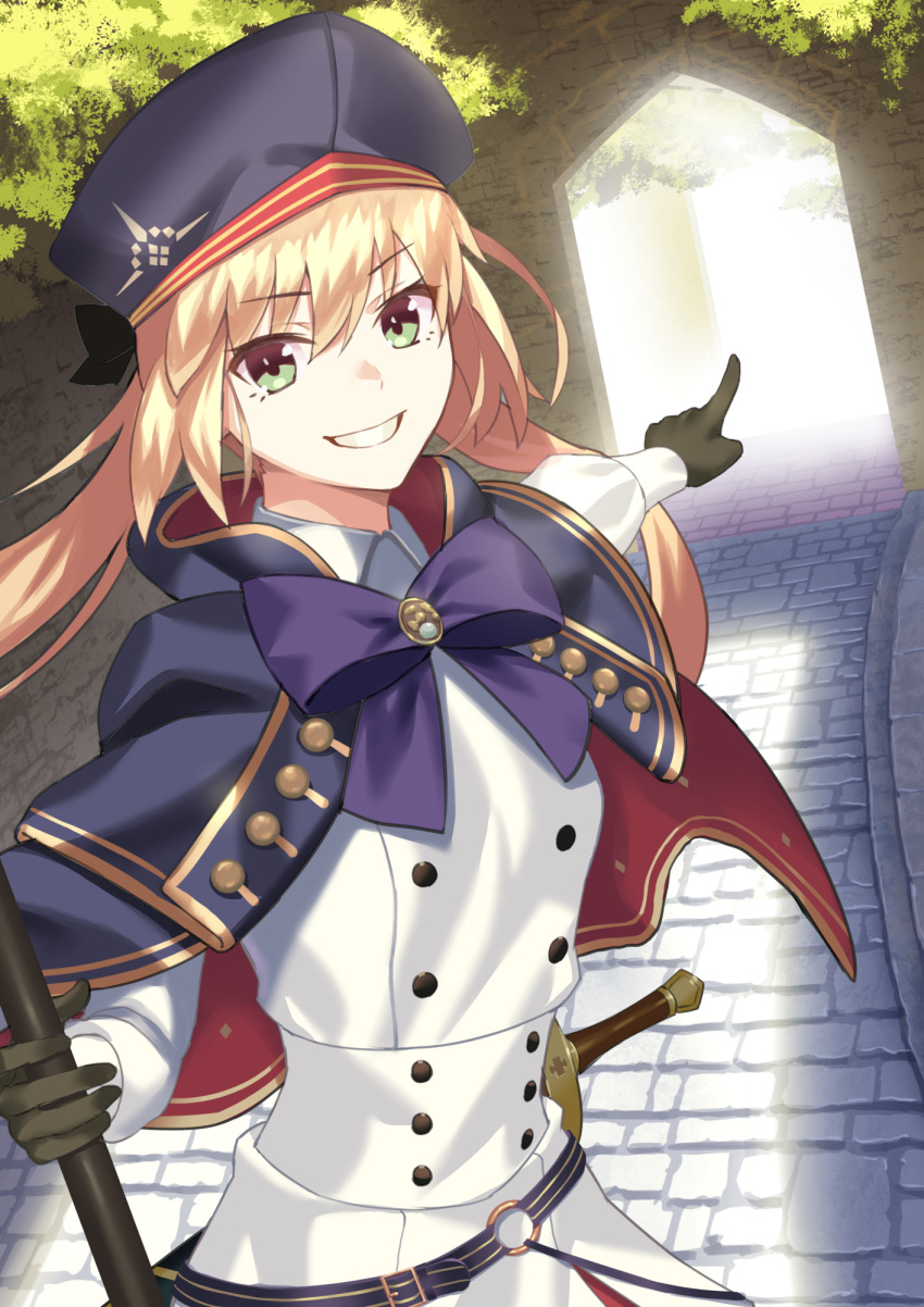 1girl artoria_pendragon_(all) artoria_pendragon_(caster) bangs belt beppu_mitsunaka blue_belt blue_capelet breasts capelet dress fate/grand_order fate_(series) gloves highres holding holding_staff long_hair long_sleeves looking_at_viewer multicolored_capelet small_breasts smile staff white_dress
