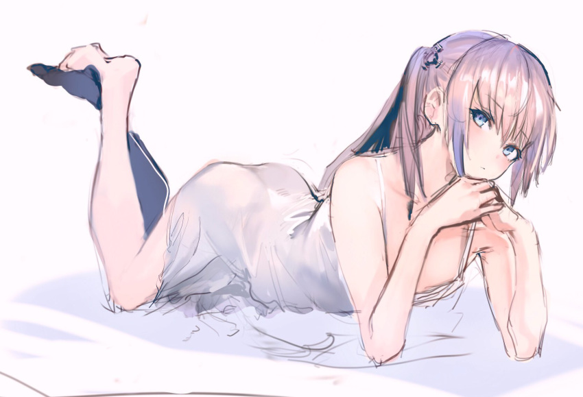 1girl ass bangs barefoot blue_eyes blush closed_mouth dress eyebrows_visible_through_hair girls_frontline hair_ornament highres irikawa long_hair lying on_stomach one_side_up pink_hair simple_background solo st_ar-15_(girls_frontline) white_background white_dress