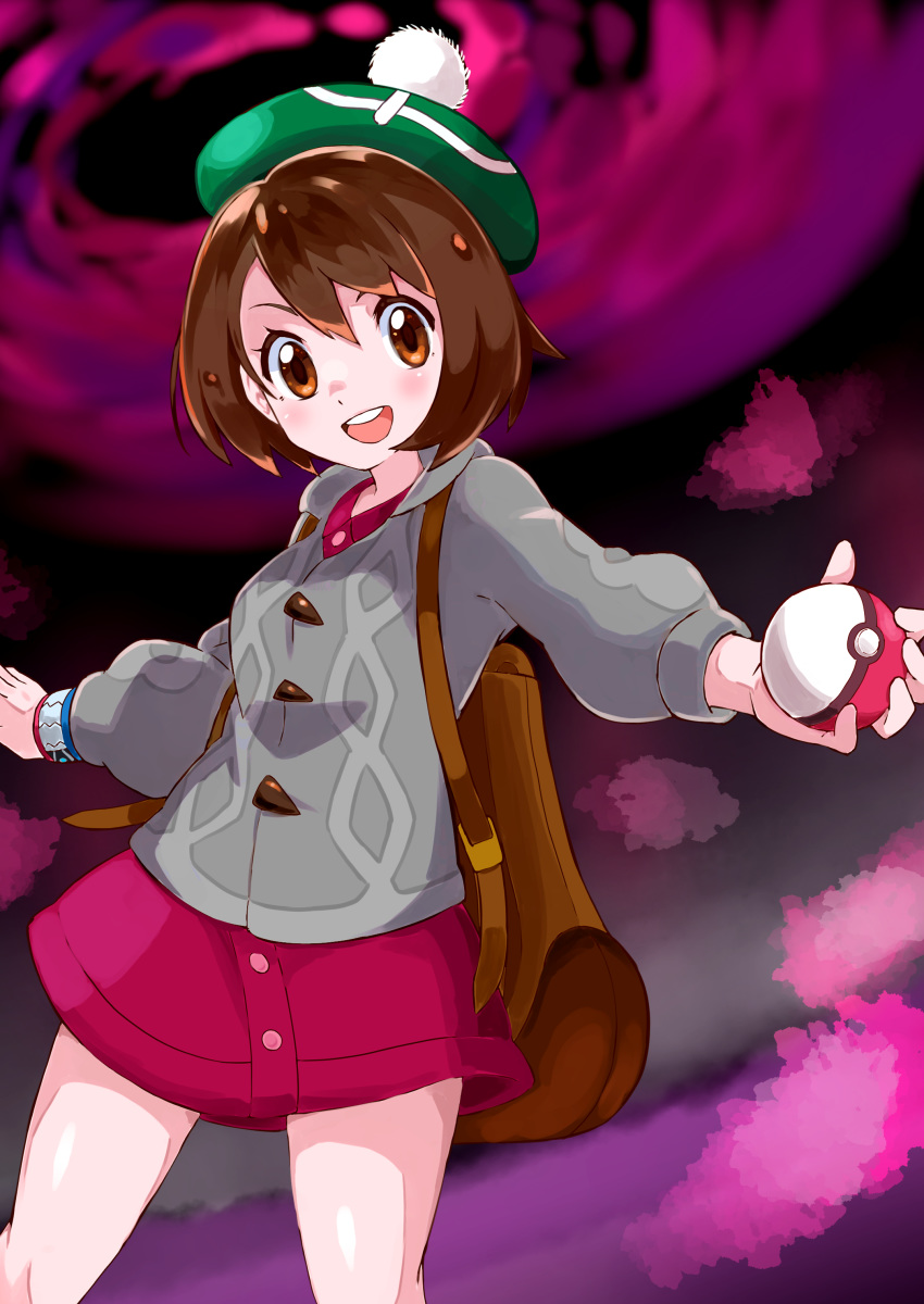 1girl absurdres backpack bag bangs blush bob_cut brown_backpack brown_eyes brown_hair buttons cardigan collared_dress commentary_request creatures_(company) dress dynamax_band game_freak green_headwear grey_cardigan highres holding holding_poke_ball looking_at_viewer miyama-san nintendo olm_digital open_mouth outstretched_arms pink_dress poke_ball poke_ball_(basic) pokemon pokemon_(game) pokemon_swsh shiny shiny_skin solo tam_o'_shanter teeth the_pokemon_company tongue upper_teeth yuuri_(pokemon)