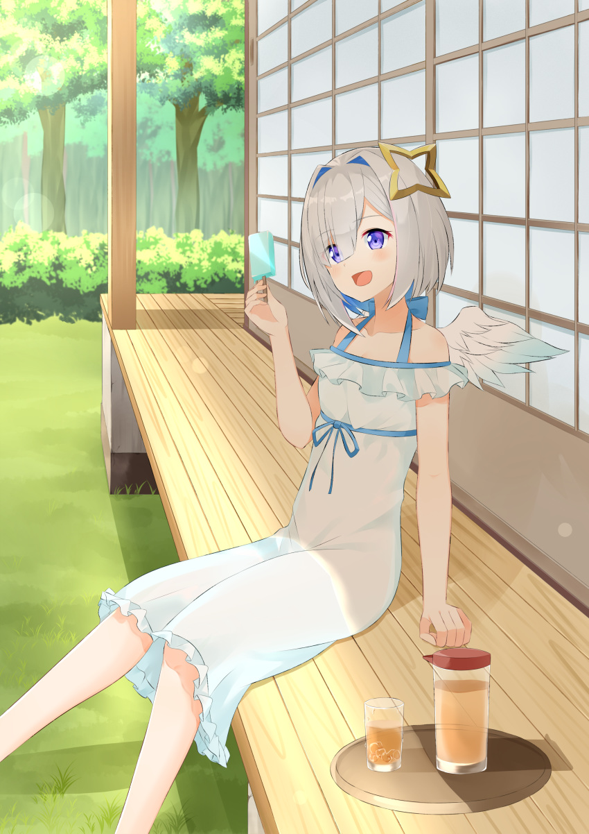1girl :d absurdres amane_kanata angel_wings bare_arms blue_eyes blue_hair blush collarbone colored_inner_hair commentary_request dress feet_out_of_frame flat_chest food hair_intakes halo halter_dress highres hololive japanese_house looking_away mini_wings multicolored_hair open_mouth outdoors popsicle short_dress short_hair silver_hair sitting sleeveless sleeveless_dress sliding_doors smile solo summer sundress two-tone_hair virtual_youtuber white_dress white_wings wings yamae_saki