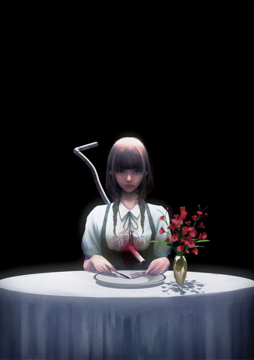 1girl bangs black_background blood blood_from_mouth blunt_bangs brown_hair closed_mouth dress empty_plate flower fork green_dress green_skirt highres holding holding_fork holding_knife impaled knife looking_at_viewer original plant plate pot potted_plant puffy_short_sleeves puffy_sleeves red_flower shirt short_sleeves simple_background skirt solo table wataboku white_shirt