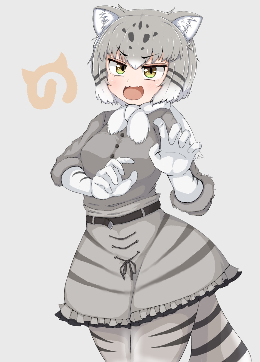 animal_ears boots cat_ears cat_girl cat_tail commentary_request fang fur-trimmed_sleeves fur_collar fur_trim gloves grey_hair grey_skirt highres kemono_friends nyaru_(pixiv43108714) pallas's_cat_(kemono_friends) pantyhose scarf skirt spotted_hair striped_tail tail yellow_eyes