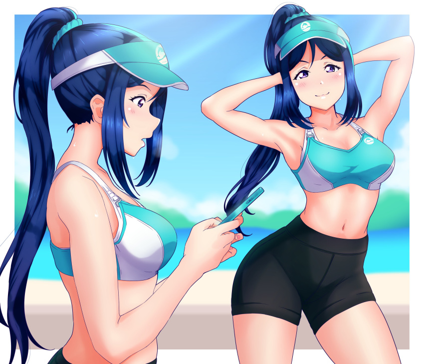 1girl absurdres arms_behind_head arms_up bike_shorts black_legwear blue_hair blue_scrunchie blurry blurry_background breasts cellphone cowboy_shot from_side heavy_breathing highres large_breasts long_hair looking_at_viewer love_live! love_live!_sunshine!! matsuura_kanan multiple_views navel open_mouth phone ponytail scrunchie shiny_faiyaa sidelocks smartphone smile sports_bra violet_eyes visor_cap