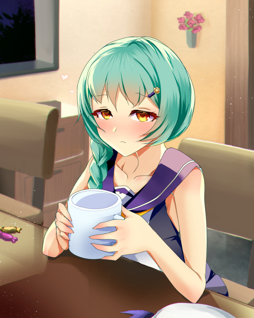 1girl azur_lane bangs bare_shoulders beret blush braid candy chair collarbone commentary_request cup cupboard dress eyebrows_visible_through_hair food foote_(azur_lane) frown green_hair hair_between_eyes hair_ornament hairclip hat headwear_removed heart highres holding holding_cup indoors long_hair looking_at_viewer monobe-moriya mug multicolored multicolored_clothes multicolored_dress neckerchief night nose_blush sailor_collar sailor_dress side_braid sidelocks single_braid sitting sleeveless sleeveless_dress solo table two-tone_dress upper_body white_headwear window yellow_eyes yellow_neckwear