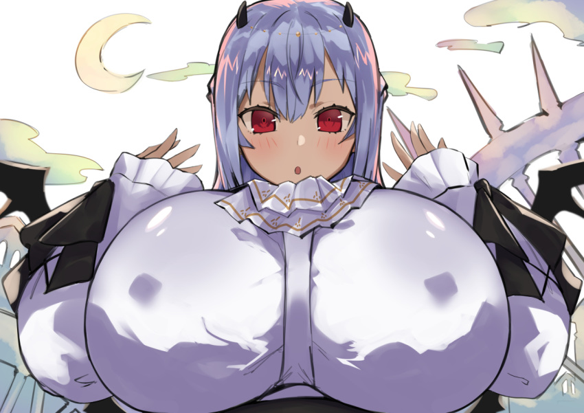 1girl :o blue_hair breasts character_request covered_nipples huge_breasts long_hair looking_at_viewer looking_down moon nuezou parted_lips raised_eyebrows red_eyes solo spikes upper_body