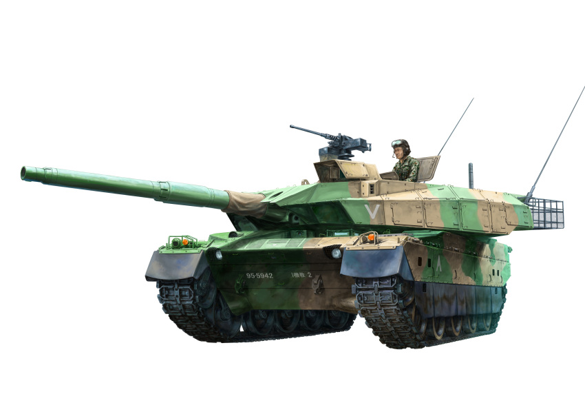 1boy absurdres caterpillar_tracks ground_vehicle gun highres machine_gun military military_vehicle motor_vehicle original tank type_10_(tank) weapon white_background zandan_zero_to_na!?