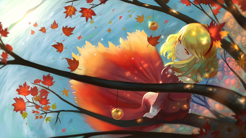1girl aki_shizuha apple autumn autumn_leaves blonde_hair dress falling_leaves food forest fruit in_tree lake leaf long_sleeves looking_at_viewer maple_leaf multicolored multicolored_clothes multicolored_dress nature orange_dress outdoors red_dress short_hair smile solo sunlight teasmacker touhou tree