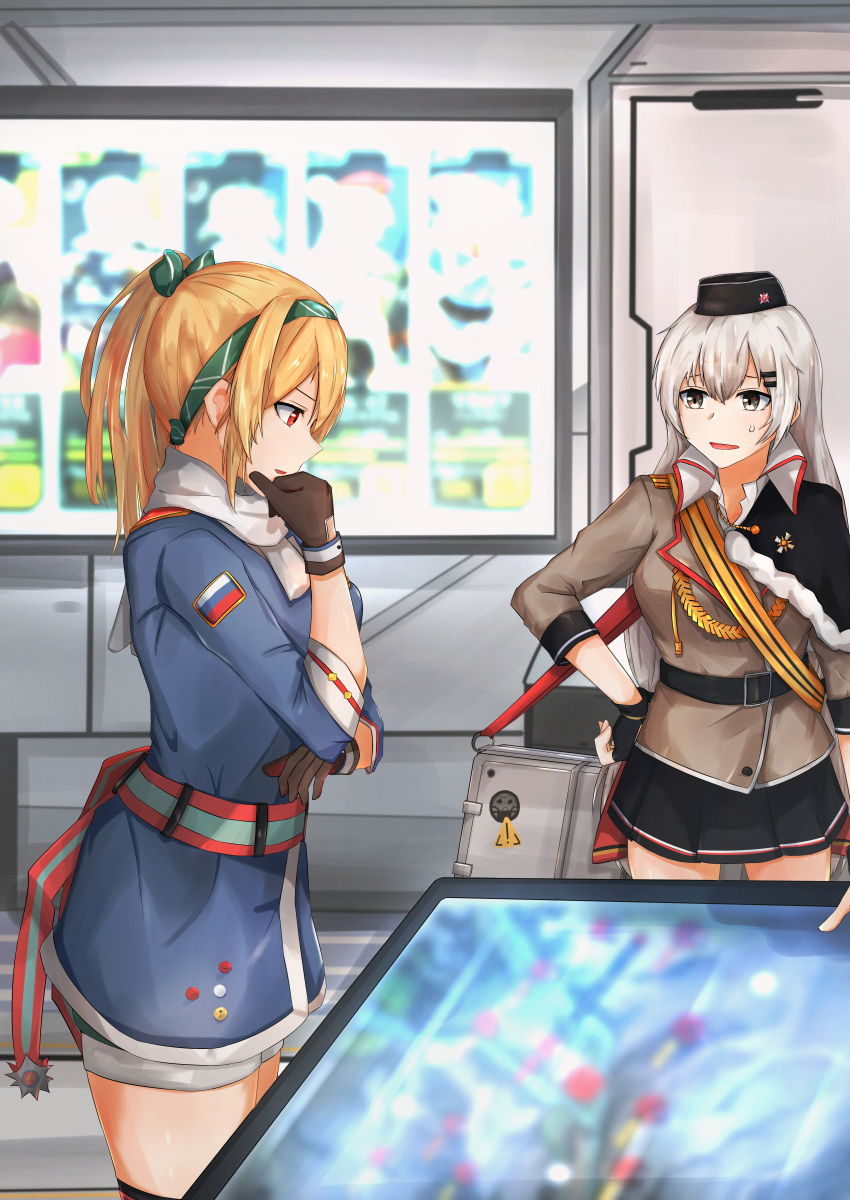 2girls absurdres belt black_gloves black_skirt blonde_hair blue_jacket brown_gloves brown_jacket eyebrows_visible_through_hair fingerless_gloves girls_frontline gloves green_ribbon grey_eyes grey_hair hair_between_eyes hair_ribbon hairband hand_on_hand hand_on_hip hat highres huge_filesize jacket long_hair looking_at_another looking_down military military_hat military_jacket military_uniform multiple_girls muteppona_hito open_mouth ponytail red_eyes ribbon russian_flag scarf shirt silver_hair skirt sv-98_(girls_frontline) svd_(girls_frontline) sweatdrop tape thinking uniform weapon_case white_scarf white_shirt