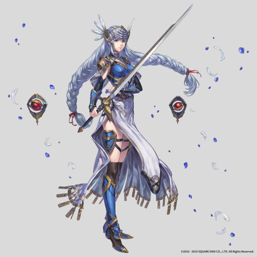 1girl aureolin31 braid breastplate breasts ceryl_valkryia feather_hair_ornament feathers fingerless_gloves flower gloves greaves green_eyes hair_ribbon highres holding holding_flower holding_sword holding_weapon medium_breasts official_art orb petals ribbon serious silver_hair sword thigh-highs twin_braids valkyrie_anatomia valkyrie_profile_anatomia weapon wrist_guards