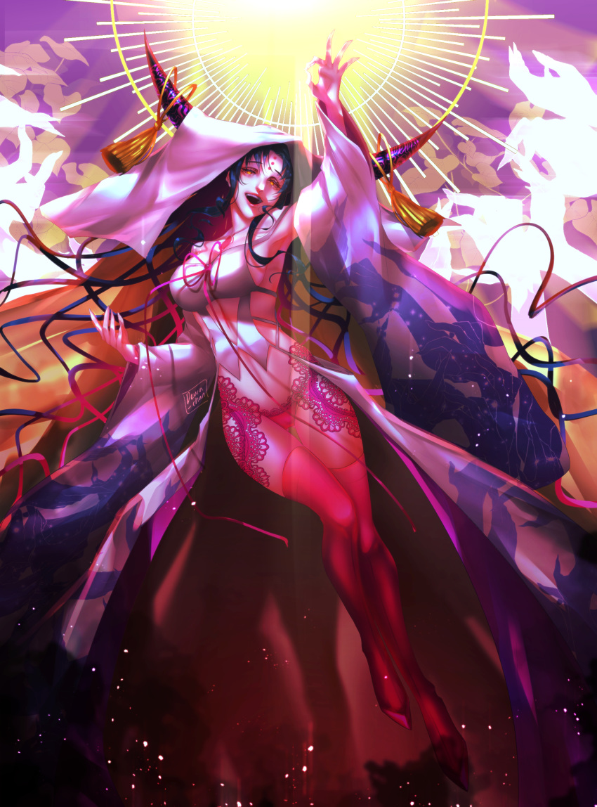 1girl absurdres armpits black_hair breasts detached_sleeves dew_borb facial_mark fate/extra fate/extra_ccc fate_(series) forehead_mark full_body halo highres horn_ornament horns lips long_hair multicolored_hair open_mouth panties pink_legwear pink_panties reaching revealing_clothes ribbon sesshouin_kiara solo teeth thigh-highs underwear very_long_hair very_long_sleeves wavy_hair yellow_eyes