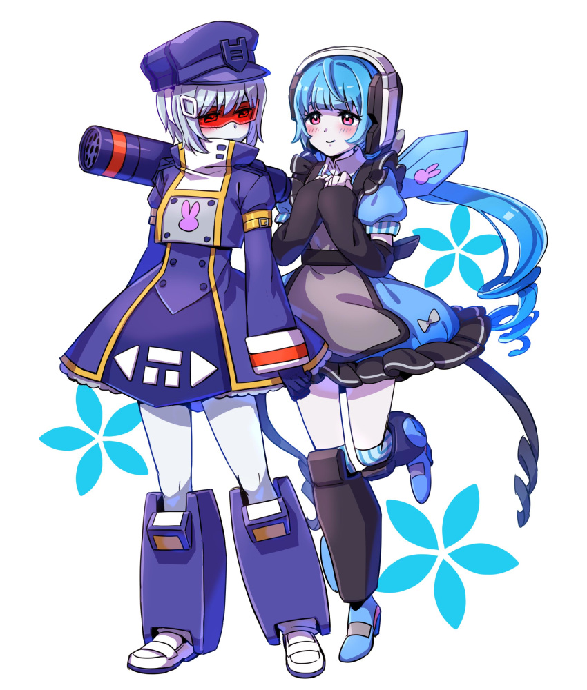 2girls absurdres blue_hair detached_sleeves genderswap genderswap_(mtf) gothic_lolita hands_on_own_chest hat highres kyarara_renan leg_up lolita_fashion long_hair looking_back moonheart multiple_girls personification pink_eyes short_hair shoulder_cannon soundwave sunglasses symbol_commentary tied_hair transformers white_hair