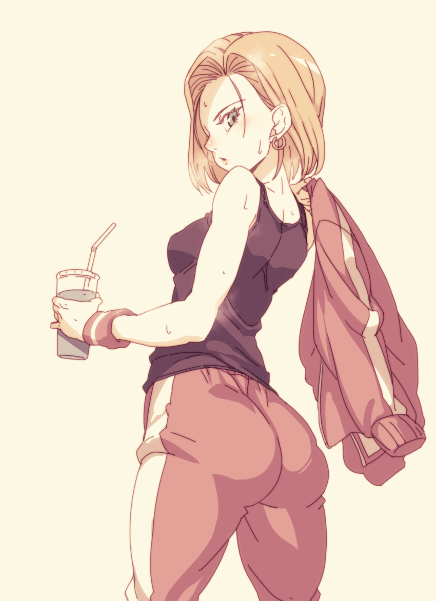 1girl android_18 ass bare_arms bare_shoulders beige_background black_shirt blonde_hair breasts cowboy_shot cup dragon_ball dragon_ball_super drinking_straw earrings expressionless fingernails from_below green_eyes gym_uniform highres holding holding_cup jacket jacket_over_shoulder jacket_removed jewelry looking_back medium_breasts pants pantylines parted_lips pink_pants shirt short_hair simple_background sleeveless sleeveless_shirt solo sweat sweatdrop tasaka_shinnosuke wristband
