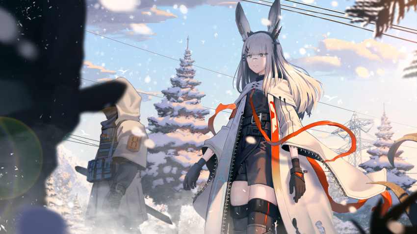 1girl 1other absurdres animal_ears arknights bangs belt black_belt black_gloves black_hairband blue_sky chinese_commentary clouds coat commentary_request cowboy_shot day facial_scar frostnova_(arknights) gloves grey_eyes hairband highres long_sleeves nose_scar open_clothes open_coat outdoors rabbit_ears reunion_soldier_(arknights) scar shano_dongxi silver_hair sky standing thigh-highs thighs tree white_coat wide_sleeves zettai_ryouiki