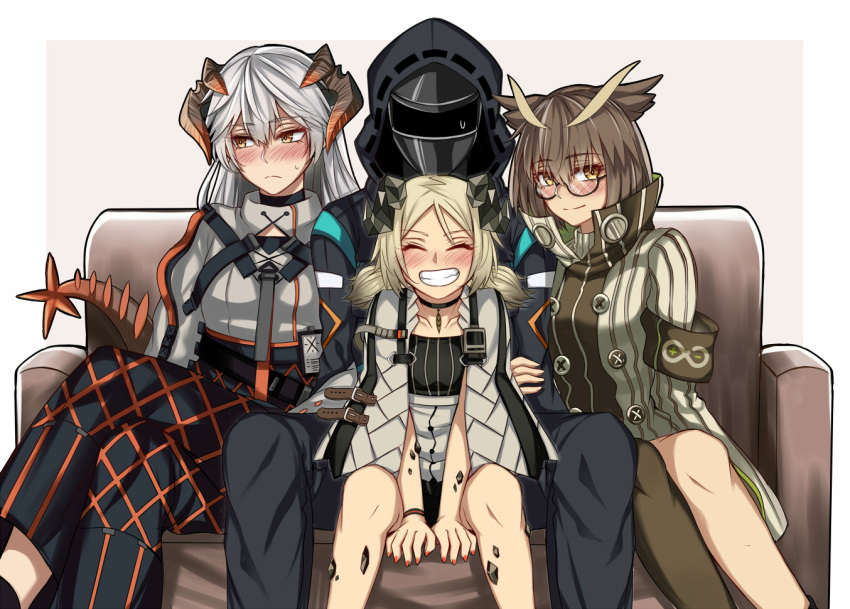 1other 3girls ambiguous_gender arknights artist_request blonde_hair blush brown_hair couch demon_horns doctor_(arknights) dragon_horns dragon_tail glasses happy hood horns ifrit_(arknights) multiple_girls oripathy_lesion_(arknights) owl_ears saria_(arknights) silence_(arknights) silver_hair smile tail