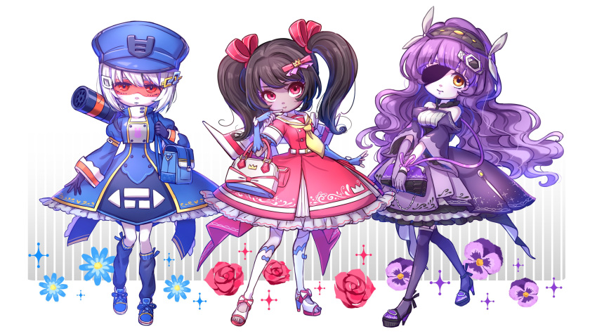 3girls absurdres bag bangs black_hair crown_hair_ornament dark_skin flower genderswap genderswap_(mtf) gothic_lolita hair_ornament hairclip handbag highres kyarara_renan lolita_fashion long_hair mechanical_wings mini_wings multiple_girls musical_note_hair_ornament one_eye_covered personification purple_hair red_eyes red_flower red_rose rose shockwave_(transformers) short_hair shoulder_cannon soundwave starscream sunglasses transformers twintails white_hair wings yellow_eyes