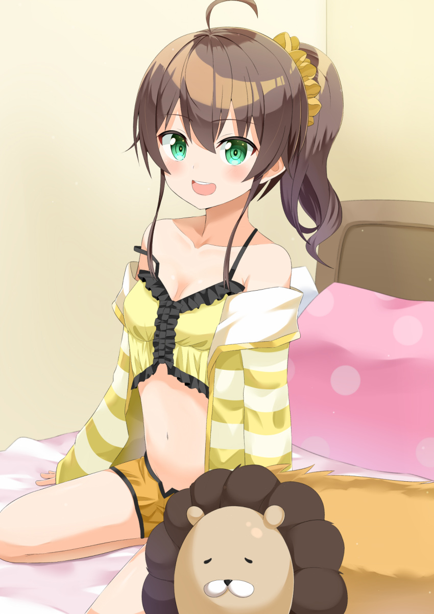 1girl :d ahoge bare_legs bare_shoulders bed black_frills blush breasts brown_hair camisole center_frills collarbone commentary_request ebi_frion_(natsuiro_matsuri) eyebrows_visible_through_hair frill_trim frilled_camisole full_body green_eyes highres hololive jacket looking_at_viewer midriff natsuiro_matsuri navel on_bed open_mouth pajamas raised_eyebrows scrunchie seiza short_hair shorts side_ponytail sitting sitting_on_bed small_breasts smile solo spaghetti_strap stomach striped_jacket stuffed_toy teeth virtual_youtuber yamae_saki yellow_camisole yellow_jacket yellow_shorts