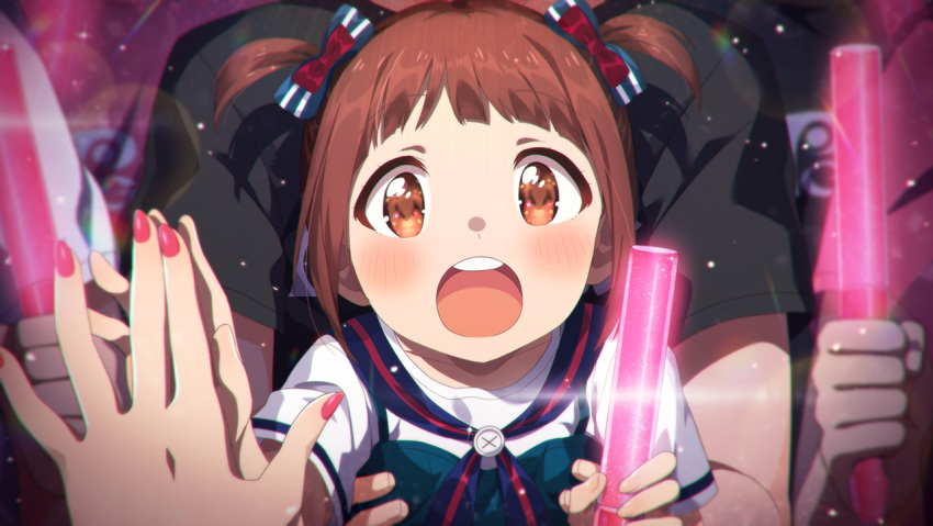 1girl :d :o blush bow brown_eyes brown_hair eye_contact glowstick hair_bow holding_hand idolmaster idolmaster_million_live! idolmaster_million_live!_theater_days indoors looking_at_another matsuda_arisa official_art open_mouth pink_nails short_sleeves short_twintails smile solo_focus twintails younger