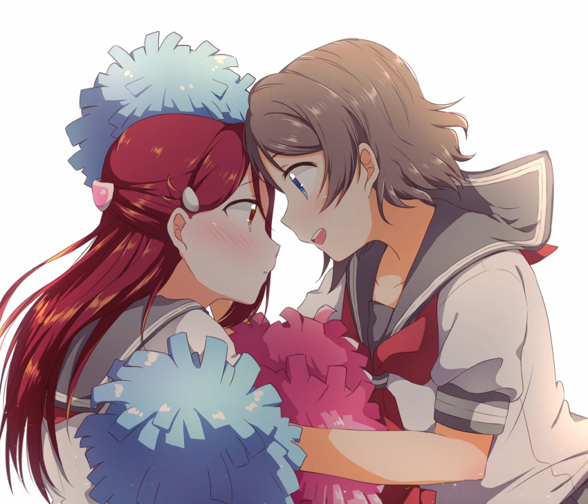 2girls :d absurdres blue_eyes brown_eyes collarbone collared_shirt couple eye_contact floating_hair grey_hair grey_sailor_collar highres long_hair looking_at_another love_live! love_live!_sunshine!! multiple_girls neckerchief open_mouth pom_poms profile red_neckwear redhead sailor_collar sailor_collar_lift sailor_shirt sakurauchi_riko school_uniform serafuku shiny shiny_hair shirt short_hair short_sleeves simple_background smile upper_body uranohoshi_school_uniform watanabe_you white_background white_shirt yuchi_(salmon-1000) yuri