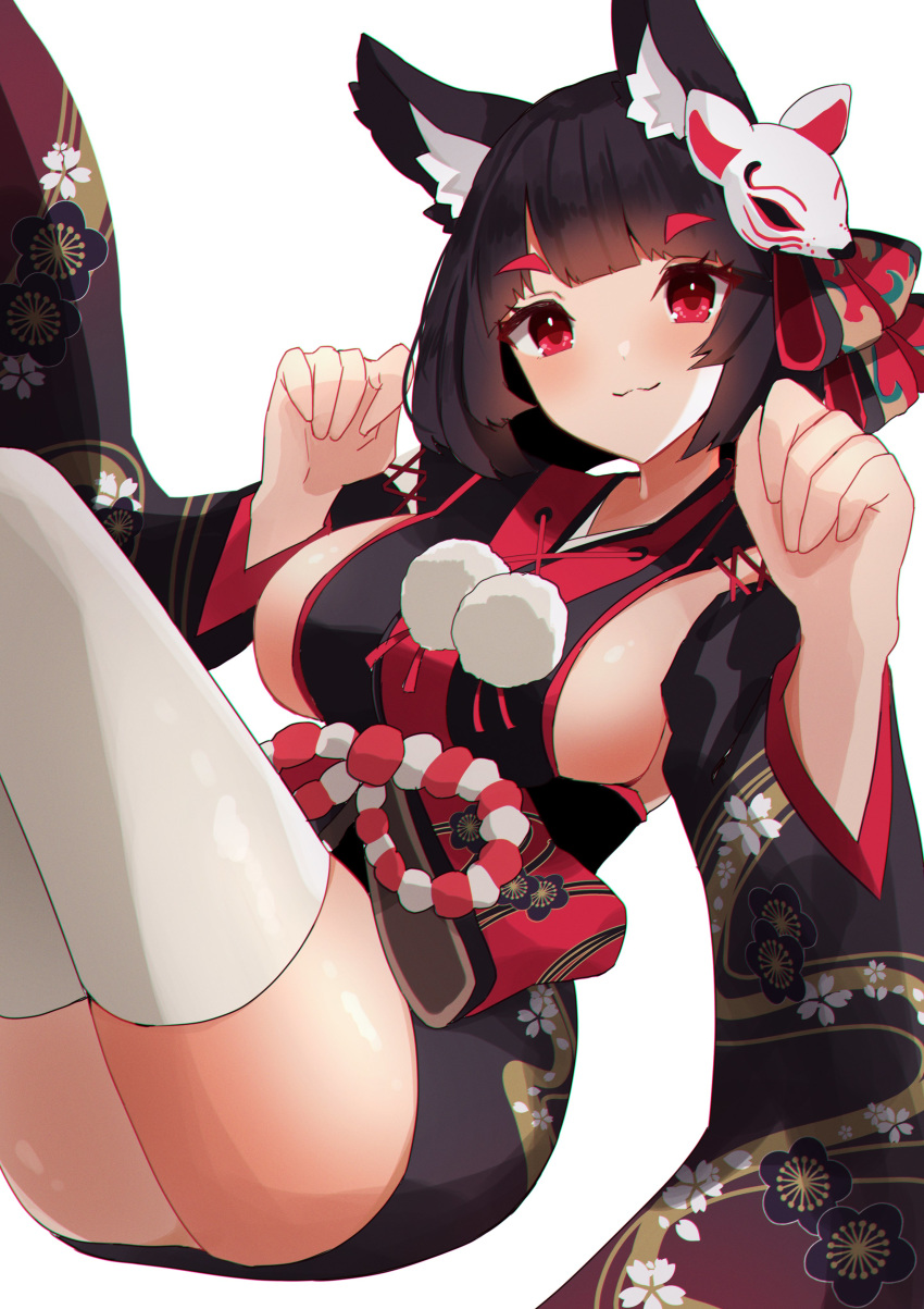 1girl :3 absurdres animal_ear_fluff animal_ears azur_lane bangs black_hair blunt_bangs breasts cat_ears eyebrows_visible_through_hair floral_print highres large_breasts looking_at_viewer mask mask_on_head paw_pose pom_pom_(clothes) red_eyes sanba_tsui short_hair sideboob simple_background solo thigh-highs white_background white_legwear wide_sleeves yamashiro_(azur_lane)