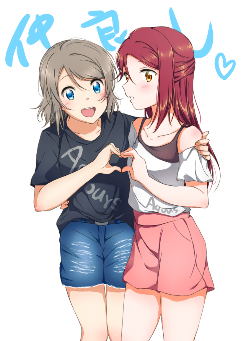 2girls :d bangs black_shirt blue_eyes blue_shorts blush collarbone cowboy_shot denim denim_shorts eyebrows_visible_through_hair grey_hair hair_between_eyes hair_ornament hairclip hand_on_another's_hip hands_on_another's_shoulder heart heart_hands heart_hands_duo highres long_hair love_live! love_live!_sunshine!! multiple_girls off-shoulder_shirt off_shoulder open_mouth pink_shorts print_shirt redhead sakurauchi_riko shiny shiny_hair shirt short_hair short_shorts short_sleeves shorts simple_background smile standing very_long_hair watanabe_you white_background white_shirt yellow_eyes yuchi_(salmon-1000)