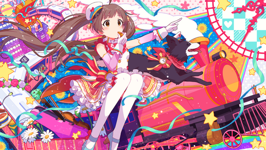 1girl ahoge blue_ribbon bow box brown_eyes brown_hair building clock cup dog elbow_gloves flower food frilled_skirt frills gloves ground_vehicle hakozaki_serika hat high_heels ice_cream idolmaster idolmaster_million_live! idolmaster_million_live!_theater_days instrument long_hair official_art pantyhose planet pointing railroad_tracks red_bow red_skirt ribbon shark sitting skirt skyscraper solo star_(symbol) tea teabag teacup third-party_source tilted_headwear train twintails very_long_hair violin whistle white_gloves white_legwear wrist_cuffs