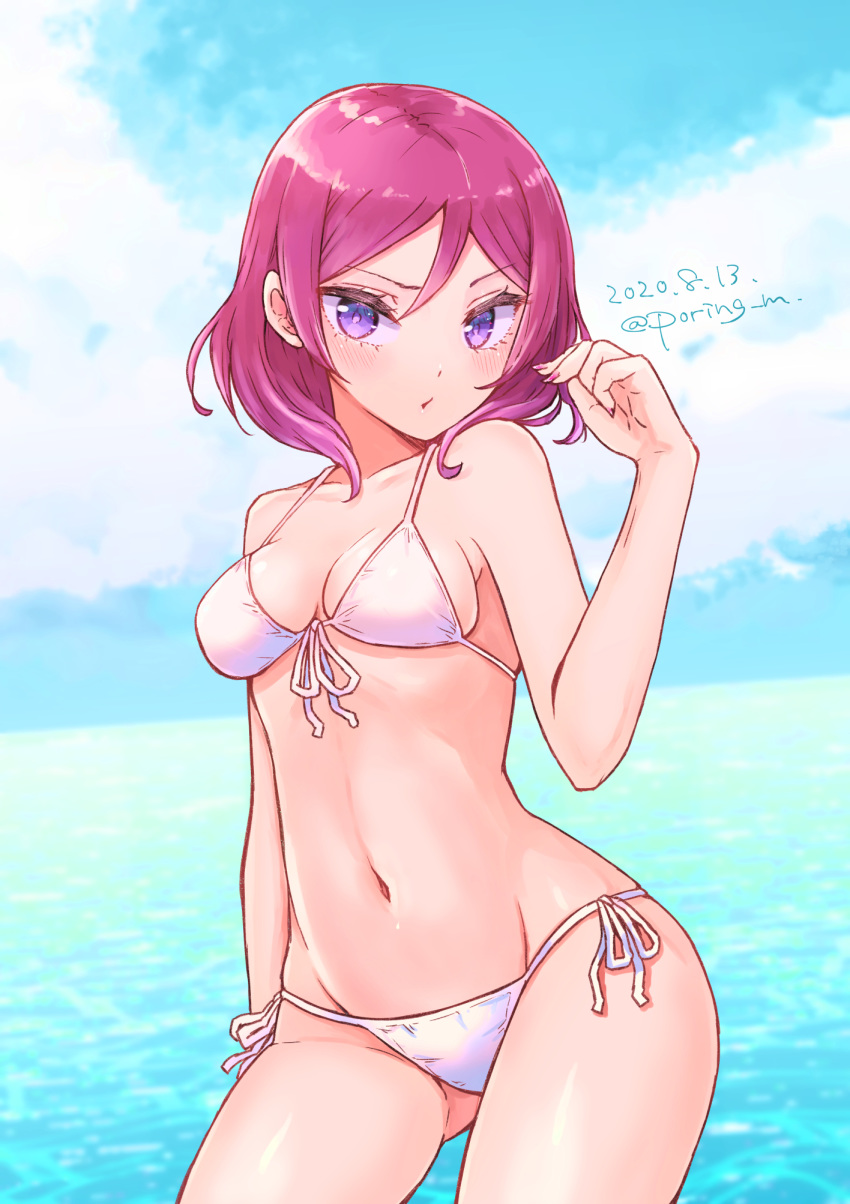 :o adjusting_hair arm_up artist_name ass_visible_through_thighs bare_shoulders bikini breasts clouds collarbone cowboy_shot dated eyebrows_visible_through_hair front-tie_top hair_between_eyes highres love_live! love_live!_school_idol_project medium_breasts miyamae_porin navel nishikino_maki ocean redhead short_hair side-tie_bikini sideboob sky stomach string_bikini swimsuit thighs violet_eyes white_bikini