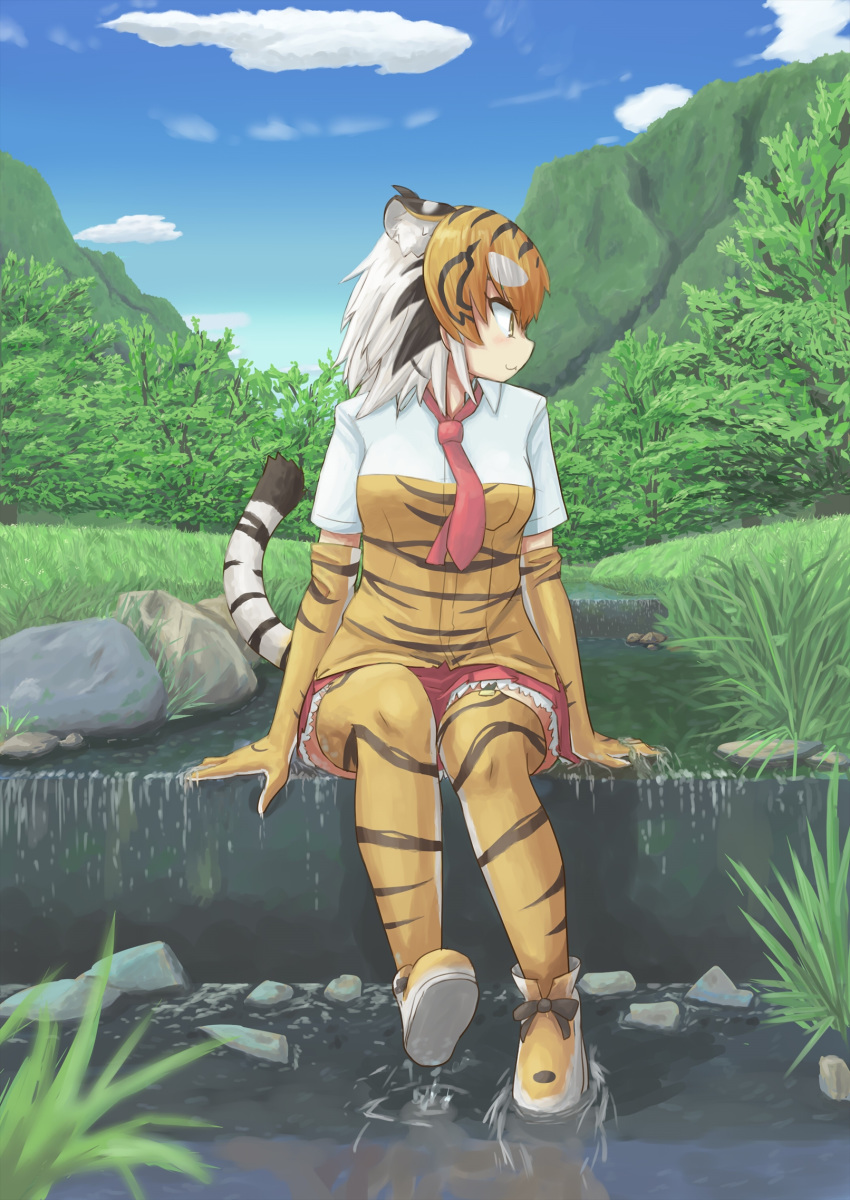 1girl :3 animal_ear_fluff animal_ears animal_print black_hair blue_sky boots clouds commentary day elbow_gloves full_body gloves grass hane_(kirschbaum) highres kemono_friends looking_to_the_side multicolored_hair nature necktie orange_hair outdoors print_gloves print_legwear red_neckwear river rock short_sleeves sky solo sumatran_tiger_(kemono_friends) tail thigh-highs tiger_ears tiger_girl tiger_print tiger_tail water waterfall white_hair yellow_eyes