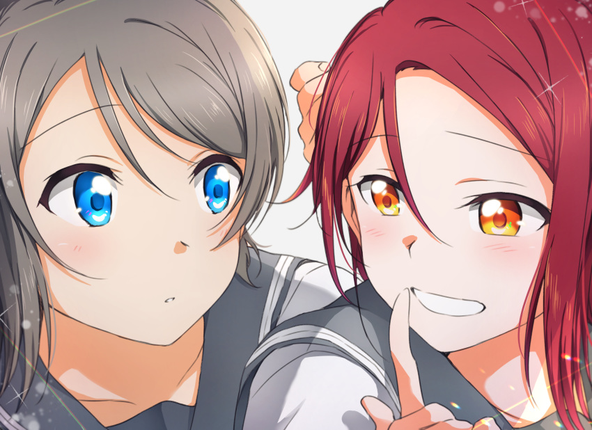 2girls bangs blue_eyes collarbone collared_shirt couple eye_contact eyebrows_visible_through_hair grey_hair grey_sailor_collar grin hand_in_another's_hair highres index_finger_raised looking_at_another love_live! love_live!_sunshine!! multiple_girls portrait redhead sailor_collar sailor_shirt sakurauchi_riko school_uniform shiny shiny_hair shirt short_hair smile swept_bangs uranohoshi_school_uniform watanabe_you white_shirt yellow_eyes yuchi_(salmon-1000)