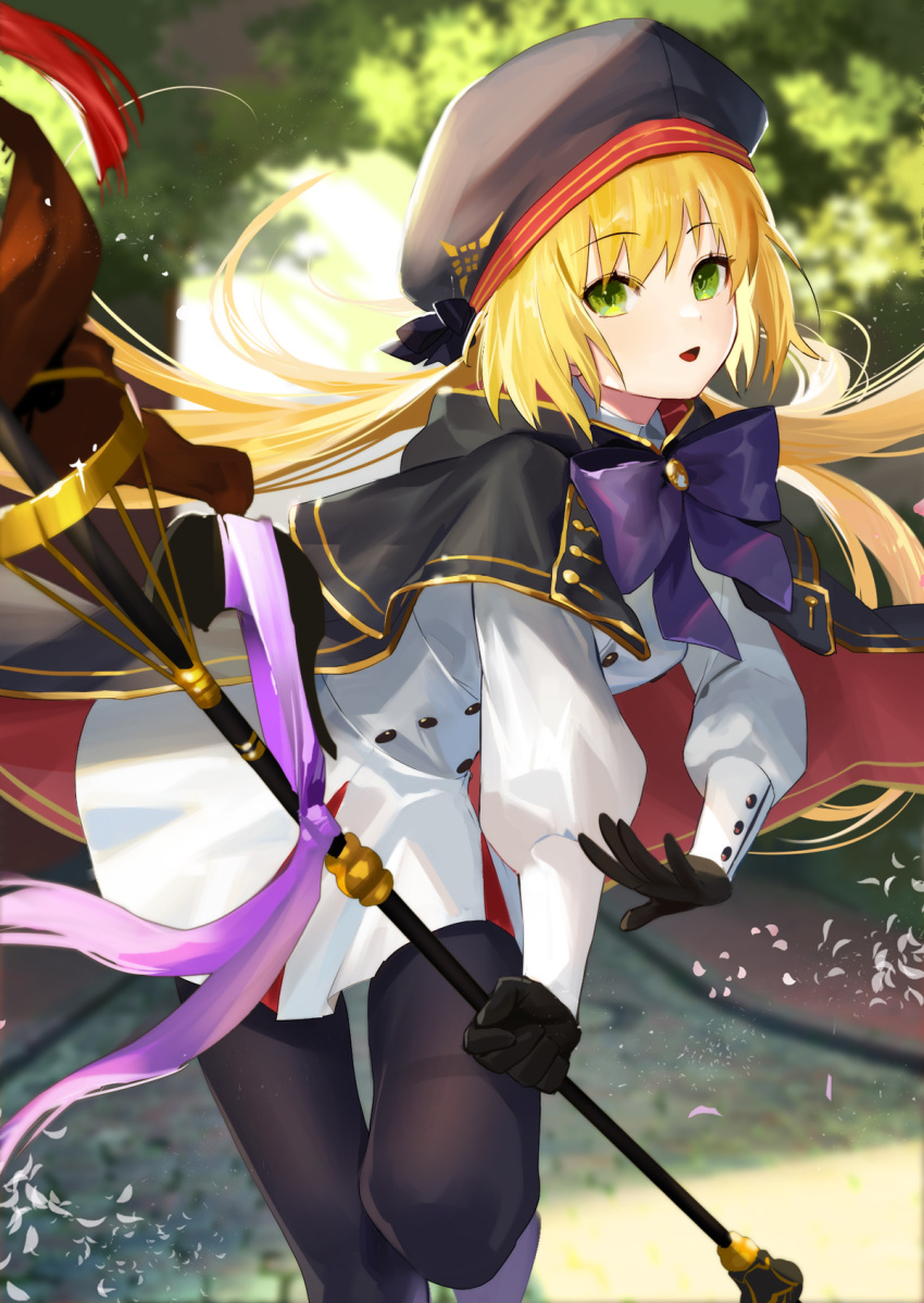 1girl artoria_pendragon_(all) artoria_pendragon_(caster) blonde_hair blurry blurry_background bow eyebrows_visible_through_hair fate/grand_order fate_(series) gloves green_eyes hat highres long_hair long_sleeves looking_at_viewer nima_(niru54) open_mouth pantyhose skirt solo staff standing