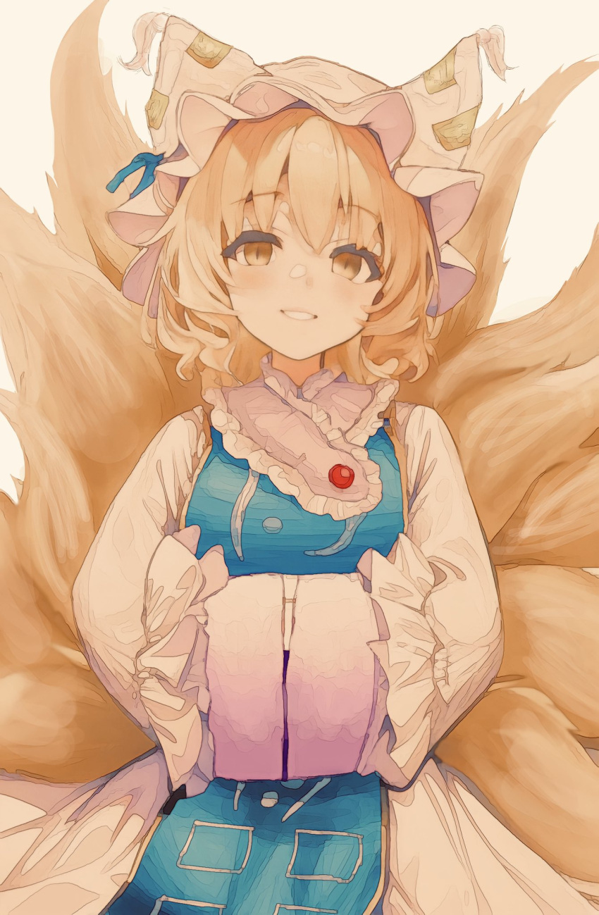 1girl :d blonde_hair dress hands_in_opposite_sleeves hat highres irumina777 kitsune long_sleeves looking_at_viewer open_mouth parted_lips pillow_hat short_hair simple_background smile solo touhou upper_body white_background white_dress white_headwear yakumo_ran yellow_eyes