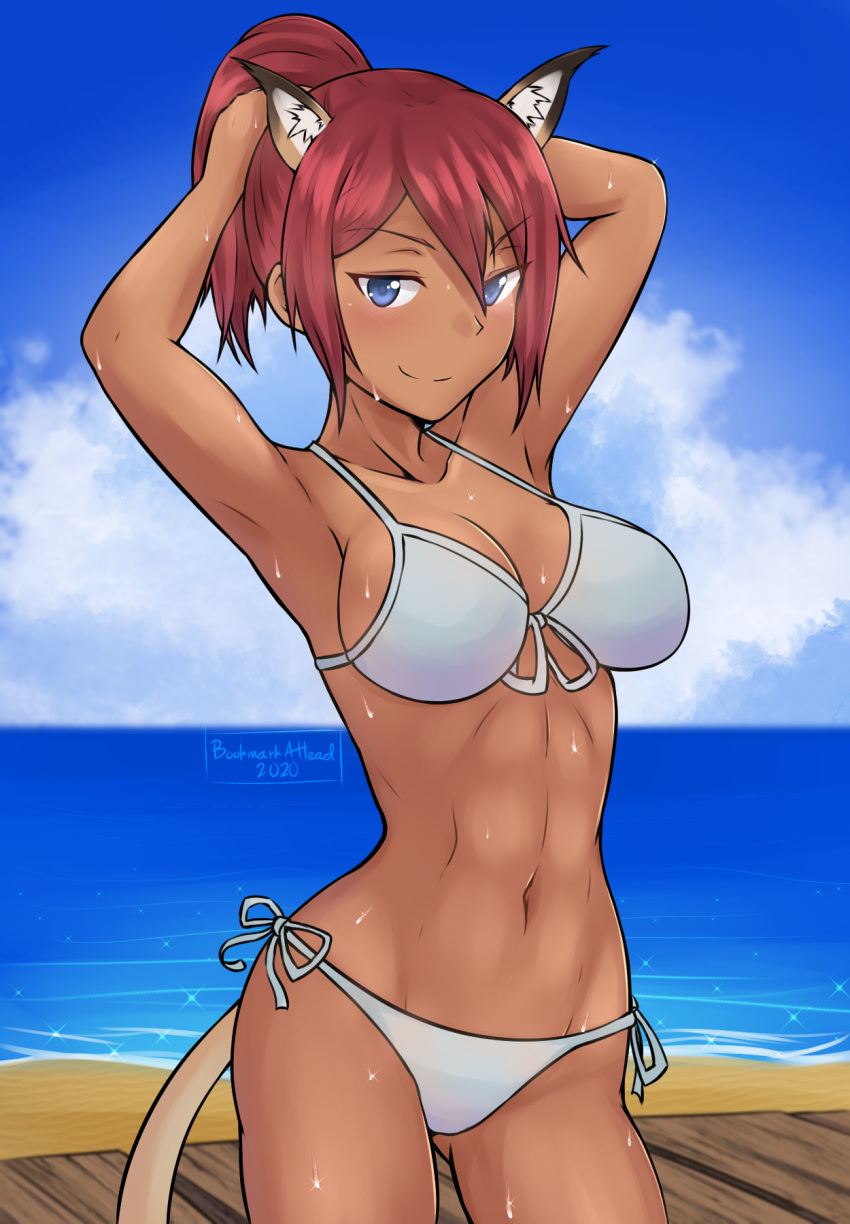 1girl adriana_visconti animal_ears armpits arms_up beach bikini blue_eyes blush breasts cat_ears cat_tail closed_mouth collarbone eyebrows_visible_through_hair groin highres large_breasts looking_at_viewer navel ocean outdoors redhead shiny shiny_hair side-tie_bikini sky smile solo standing strike_witches sweat swimsuit swimwear tail world_witches_series