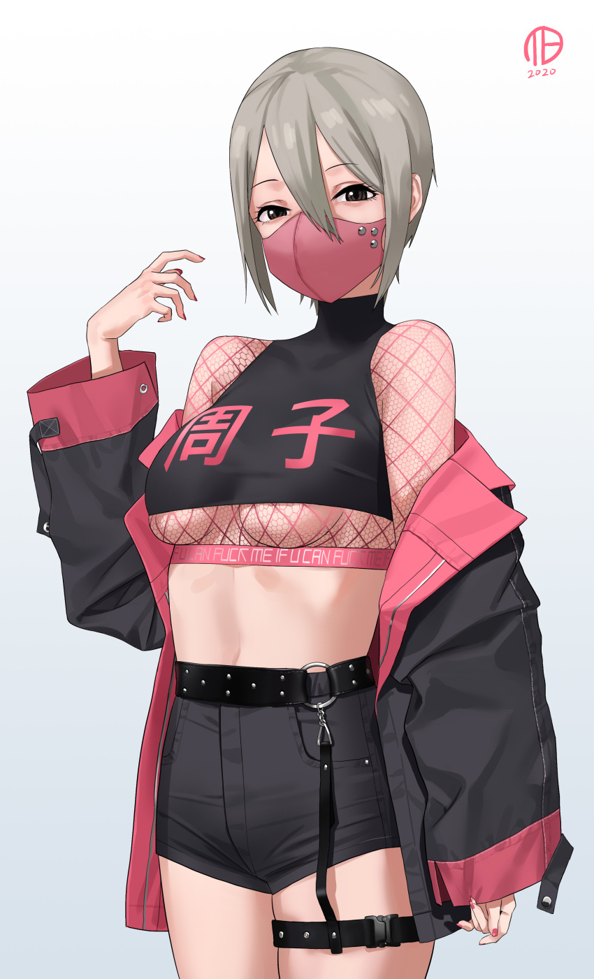 1girl absurdres bare_shoulders black_eyes black_jacket black_shorts breasts clothes_writing covered_mouth cowboy_shot crop_top fishnets gradient gradient_background grey_background grey_hair hair_between_eyes hand_up high-waist_shorts highres idolmaster idolmaster_cinderella_girls jacket lee0110 long_sleeves looking_at_viewer mask medium_breasts midriff mouth_mask off_shoulder open_clothes open_jacket shiomi_shuuko short_hair short_shorts shorts signature solo thigh_strap translation_request under_boob