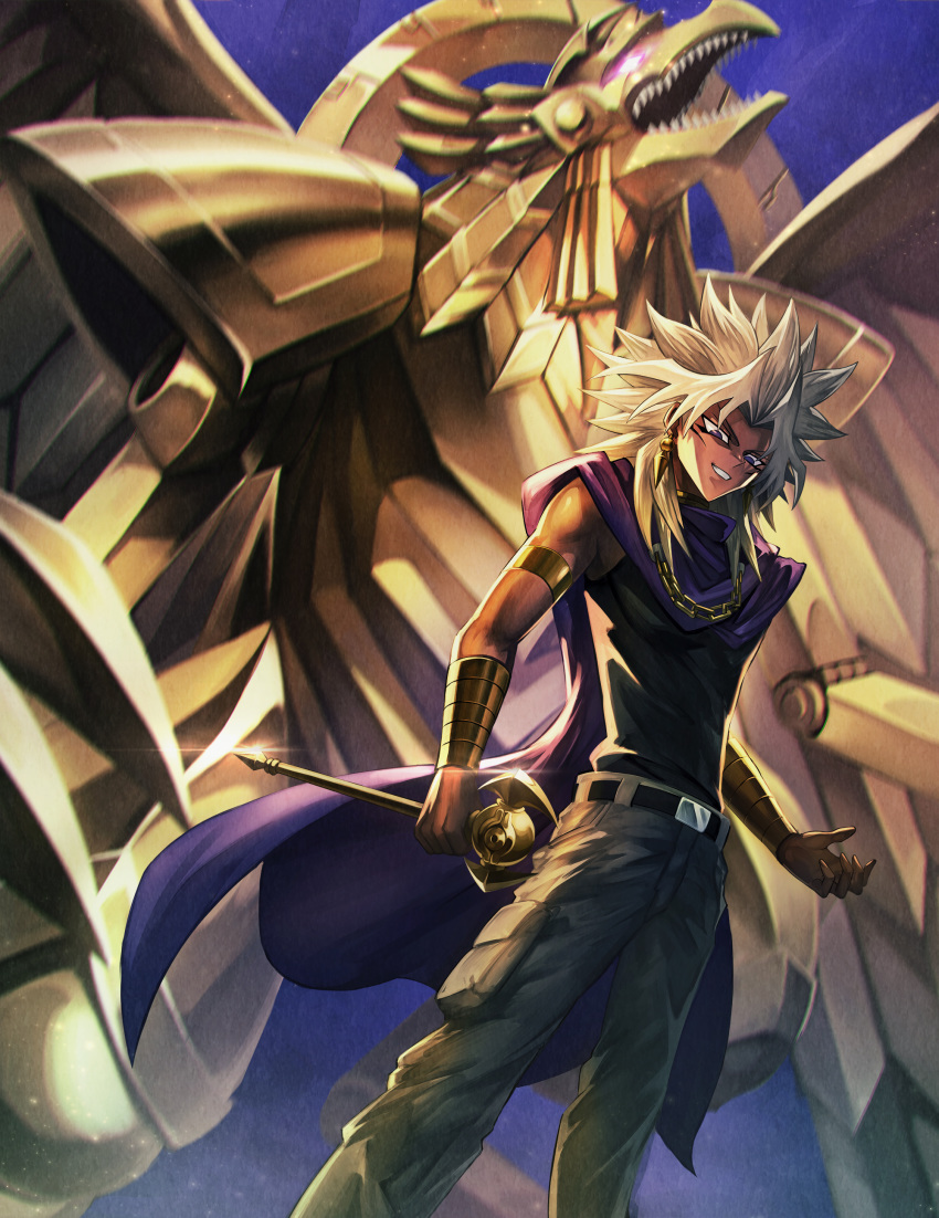 1boy absurdres armlet belt belt_buckle buckle cape chain_necklace commentary_request dark_skin dark_skinned_male duel_monster earrings glint highres holding jewelry looking_down millennium_rod pants shiny size_difference smile spiky_hair standing teeth the_winged_dragon_of_ra vambraces white_hair y.m yami_marik yuu-gi-ou yuu-gi-ou_duel_monsters