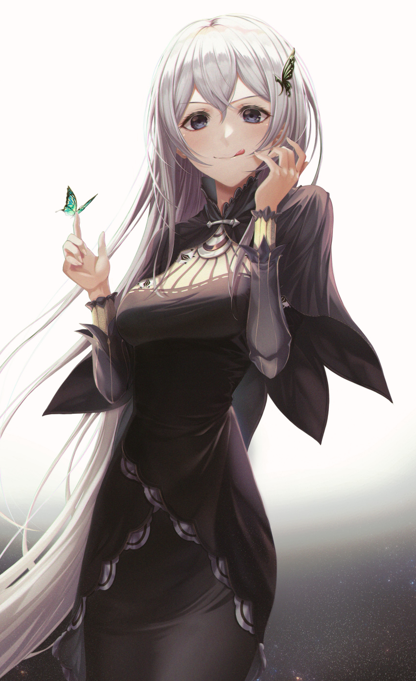 1girl :q absurdres bangs black_dress blush breasts brown_eyes bug butterfly butterfly_hair_ornament capelet closed_mouth csc00014 dress echidna_(re:zero) floating_hair hair_between_eyes hair_ornament hands_up highres huge_filesize insect long_hair long_sleeves looking_at_viewer medium_breasts re:zero_kara_hajimeru_isekai_seikatsu silver_hair smile solo tongue tongue_out very_long_hair