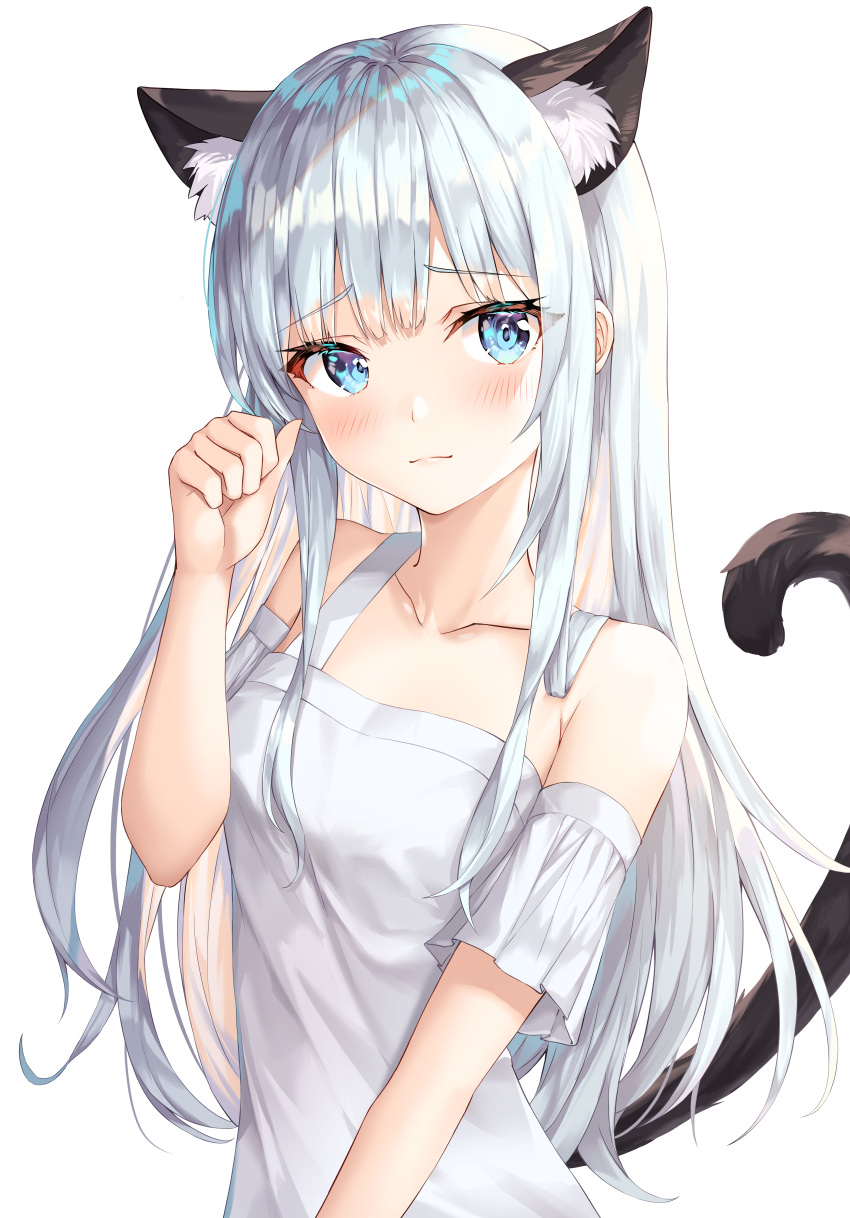 1girl absurdres animal_ear_fluff animal_ears bangs bare_shoulders blue_eyes blush breasts cat_ears cat_girl cat_tail closed_mouth collarbone commentary_request eyebrows_visible_through_hair grey_hair hand_up highres kokose long_hair looking_at_viewer original paw_pose shirt short_sleeves silver_hair simple_background solo tail tail_raised upper_body white_background white_shirt