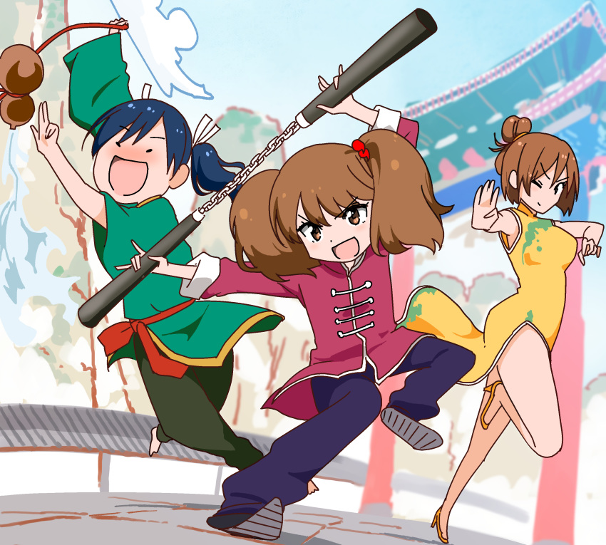 3girls absurdres alternate_costume alternate_hairstyle blue_hair blue_pants brown_eyes brown_hair china_dress chinese_clothes commentary_request dress fighting_stance full_body gourd hair_bun high_heels highres hiryuu_(kantai_collection) kantai_collection long_hair looking_at_viewer masukuza_j multiple_girls nunchaku pants pose ryuujou_(kantai_collection) souryuu_(kantai_collection) tangzhuang twintails weapon yellow_dress yellow_footwear
