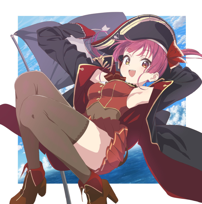 1girl :d archellaura armpits arrow_through_heart bicorne black_coat black_headwear black_legwear blush bodystocking boots breasts brown_footwear coat cropped_jacket eyebrows_visible_through_hair flag full_body hair_ribbon hat heterochromia high_heel_boots high_heels highres hololive houshou_marine jacket looking_at_viewer medium_breasts medium_hair miniskirt no_eyepatch open_clothes open_coat open_mouth pirate_hat pleated_skirt red_eyes red_jacket red_skirt redhead ribbon skirt sleeveless sleeveless_jacket smile solo thigh-highs thighs twintails virtual_youtuber yellow_eyes