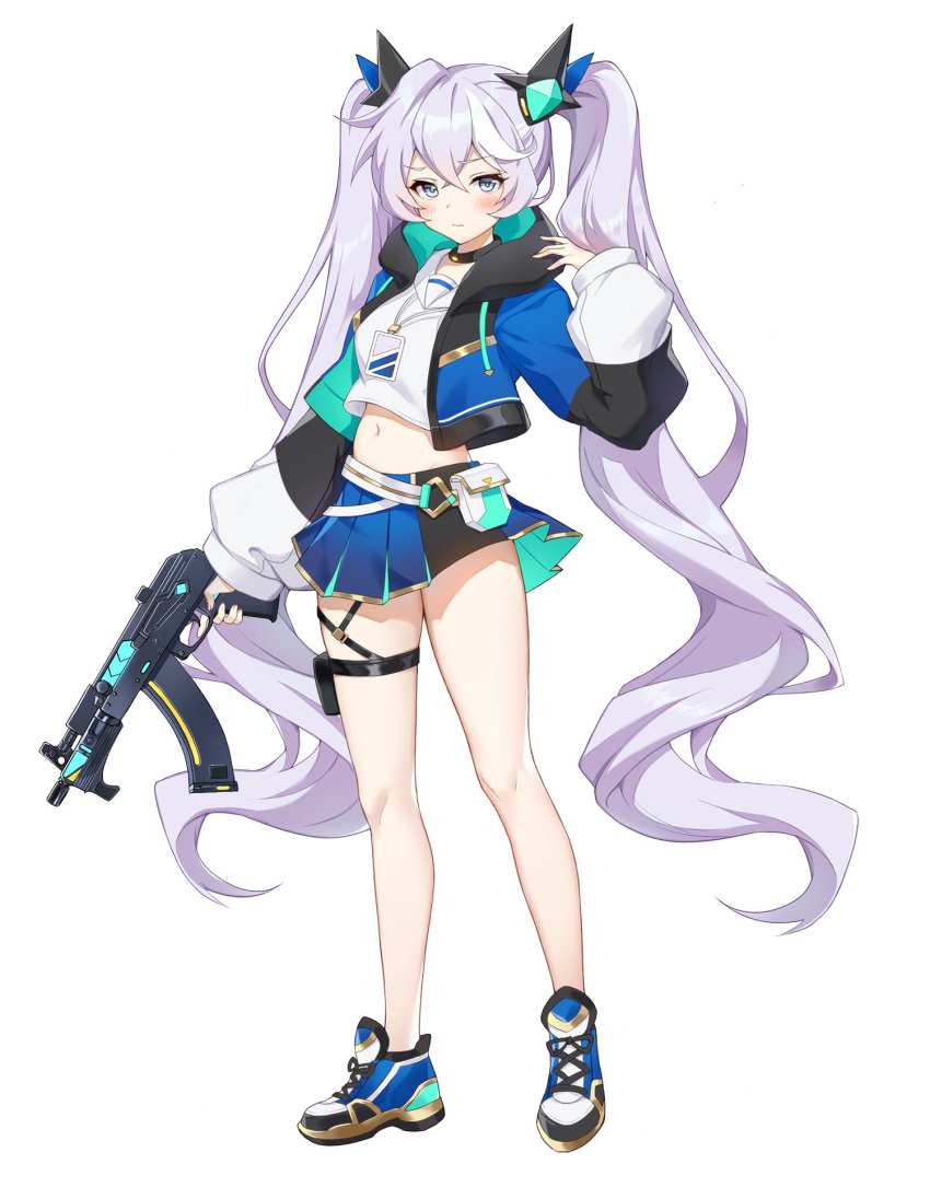 1girl blush breasts choker commentary english_commentary eyebrows_visible_through_hair full_body grey_eyes gun hair_between_eyes highres holding holding_gun holding_weapon hood hood_down jacket long_hair long_sleeves looking_at_viewer midriff multicolored_hair navel original pn_(wnsl216) pouch purple_hair shoes simple_background skirt small_breasts solo standing stomach twintails two-tone_hair very_long_hair weapon white_background white_hair