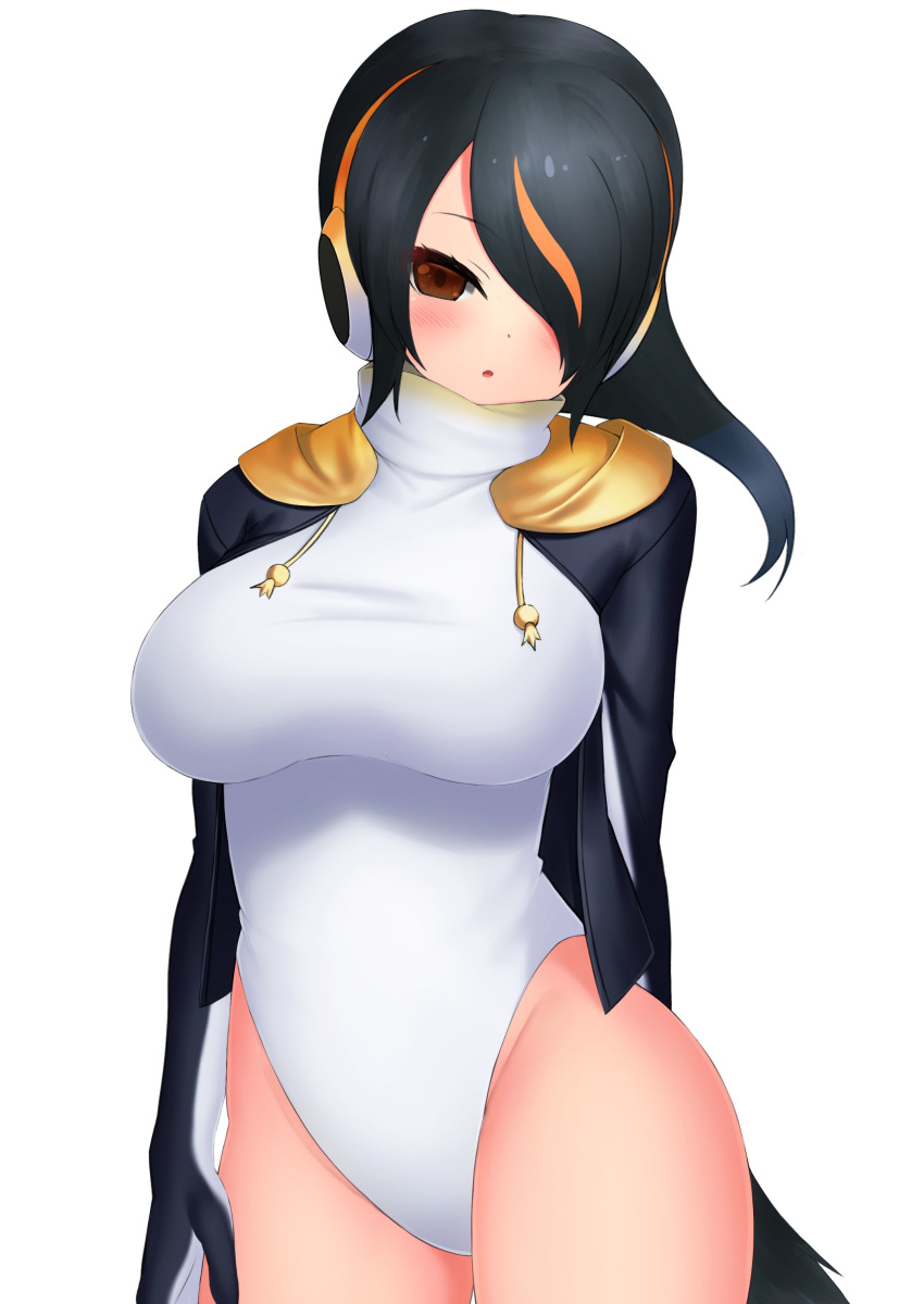 1girl absurdres arm_behind_back black_hair blush breasts brown_eyes commentary cowboy_shot cropped_jacket deku_suke drawstring emperor_penguin_(kemono_friends) hair_over_one_eye headphones highleg highleg_leotard highres hood hooded_jacket jacket kemono_friends large_breasts leotard long_hair looking_at_viewer multicolored_hair open_clothes open_jacket orange_hair parted_lips simple_background solo streaked_hair tail turtleneck_leotard two-tone_hair white_background white_leotard