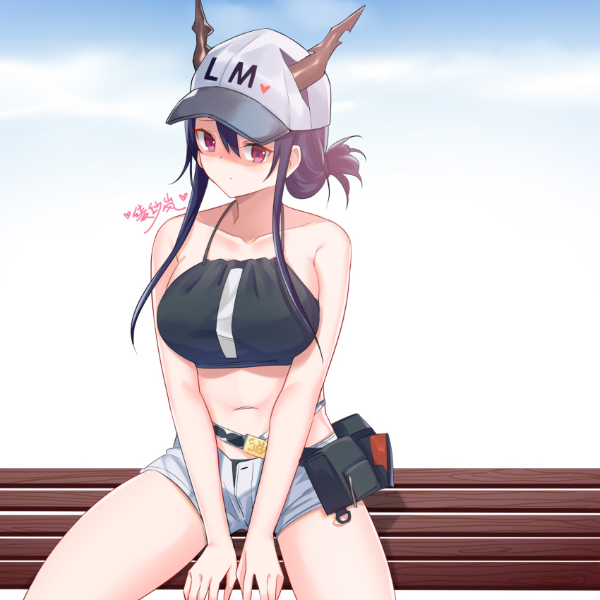 1girl arknights artist_name baseball_cap bench bikini black_bikini blue_hair ch'en_(arknights) collarbone dragon_horns folded_ponytail grey_shorts hat highres horns horns_through_headwear lanelise long_hair looking_at_viewer navel on_bench open_fly red_eyes short_shorts shorts sitting sitting_on_bench solo stomach swimsuit