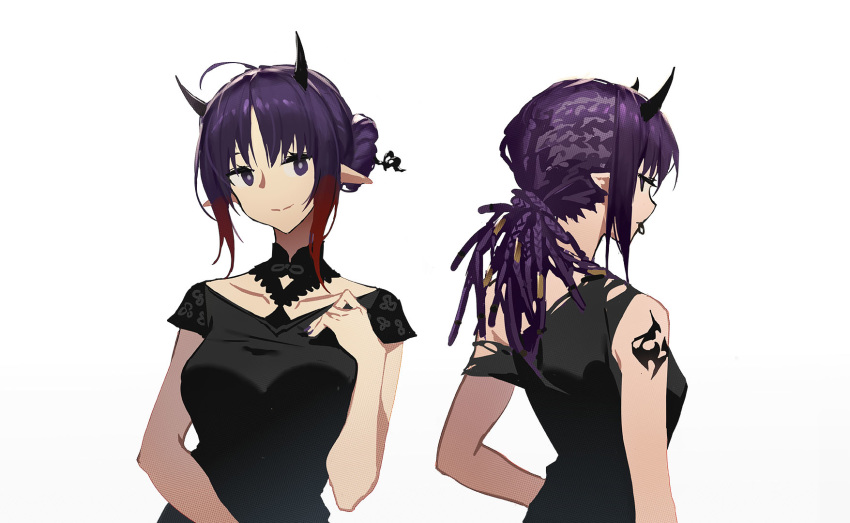 1girl arknights bangs bare_shoulders black_dress braid braided_ponytail closed_mouth collarbone dress hair_bun hair_tie_in_mouth hairlocs hand_up highres hohoanime horns lava_(arknights) medium_hair mouth_hold multiple_views pointy_ears purple_hair shoulder_tattoo sidelocks smile tattoo violet_eyes