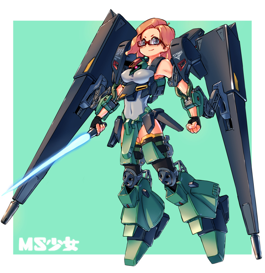 1girl absurdres ag_00000 bangs beam_saber blue_eyes bodysuit breasts clenched_hands gaplant glasses gundam highres holding holding_sword holding_weapon looking_down mecha_musume medium_breasts personification pink_hair solo sword weapon zeta_gundam