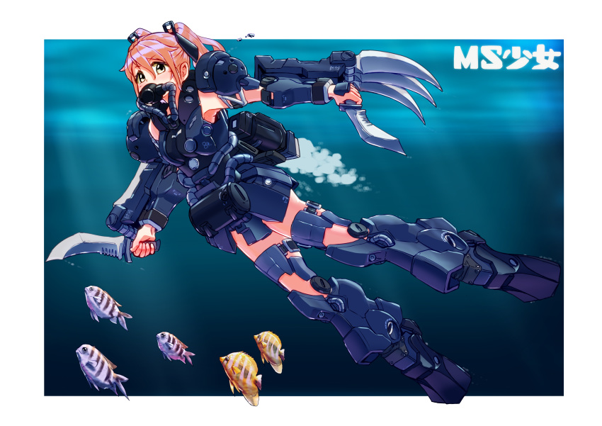 1girl absurdres ag_00000 bangs brown_eyes claws dual_wielding fish gundam gundam_unicorn highres holding holding_knife knife mecha_musume personification pink_hair rebreather solo swimming twintails underwater zee_zulu zeon