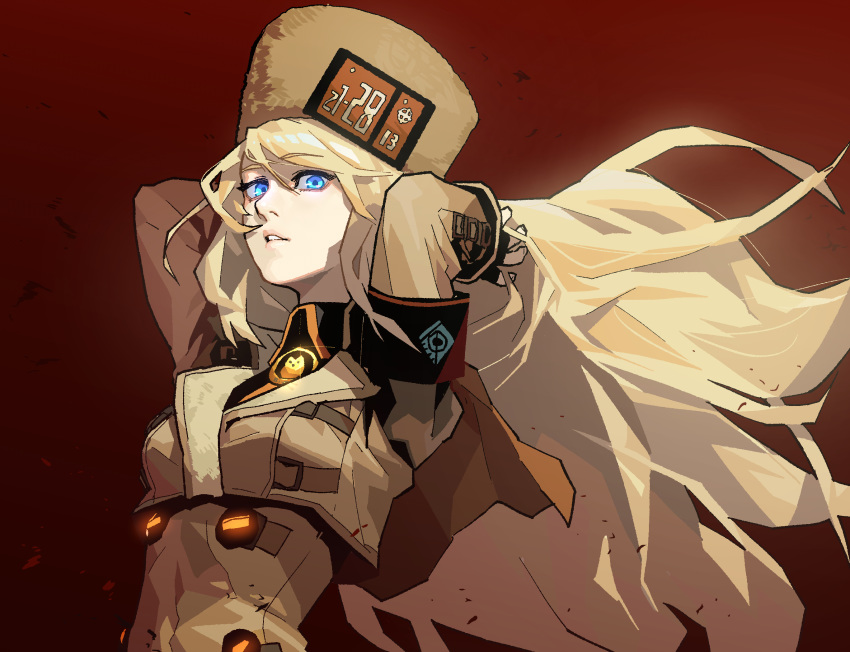 1girl arms_behind_head arms_up bangs black_gloves blonde_hair blue_eyes brown_headwear brown_jacket collar collared_shirt commentary eyebrows_visible_through_hair fingerless_gloves from_side gloves gogalking guilty_gear hair_between_eyes hat highres jacket lips long_hair long_sleeves looking_at_viewer millia_rage parted_lips red_background shirt simple_background solo standing very_long_hair