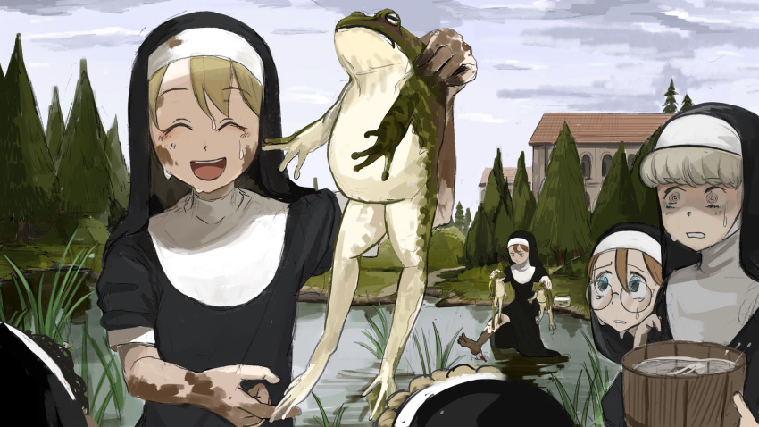 ^_^ barefoot blue_eyes brown_hair bucket building catholic closed_eyes dirty dirty_clothes dirty_face diva_(hyxpk) eyebrows_visible_through_hair frog glasses grass habit highres long_hair mud multiple_girls nun original path pond reeds smile sweat tree water wet