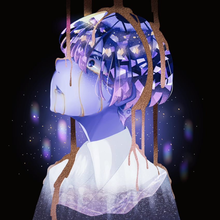1other absurdres androgynous artist_request bangs black_background blue_eyes blue_hair crystal_hair gold highres houseki_no_kuni leaking looking_up melting molten molten_metal open_mouth phosphophyllite phosphophyllite_(ll) short_hair simple_background solo sparkle